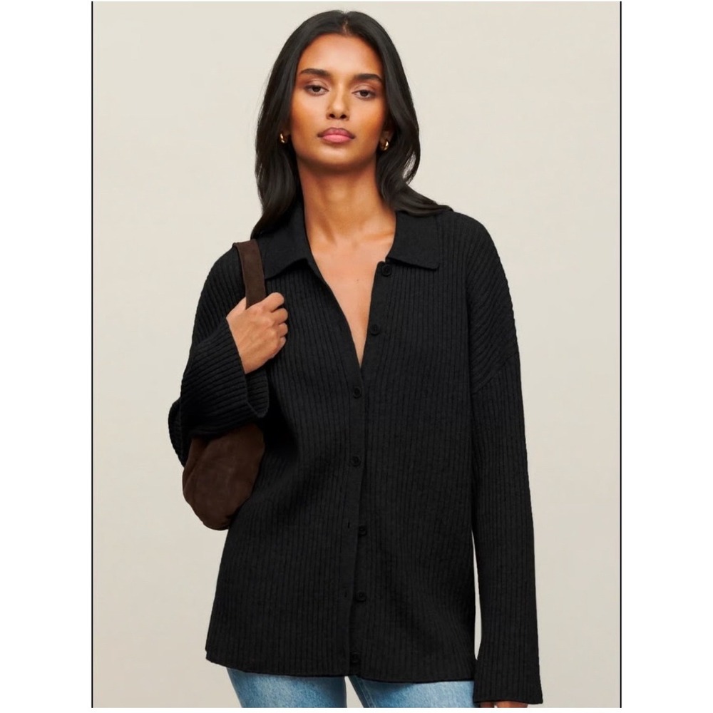 Reformation Fantino Cashmere Collared Cardigan Black Ribbed Knit XS